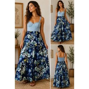 BOG Collective Maxi Dress Floral Denim Bustier Tiered Boho Blue Small